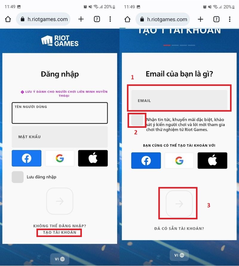 Chọn tạo tài khoản và nhập Email